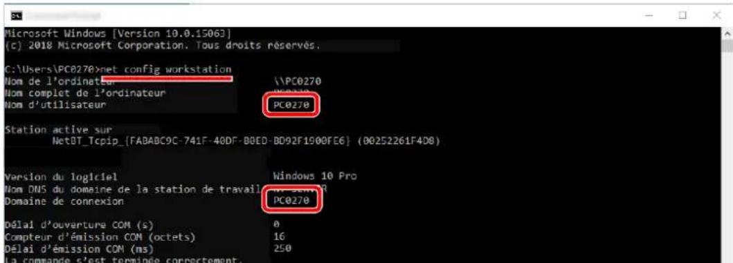 Microsoft Windows [Version 10.0.15063] (c) 2018 Microsoft Corporation. Tous droits réservés. C:\Users\PC0270>net config workstation Nom de l'ordinateur Nom complet de l'ordinateur Nom d'utilisateur PC0270 Station active sur NetDT_TcPIP_{FABABC9C-741F-40DF-BBED-BD92F1900FE6} (00252261F4D8) Version du logiciel Nom DNS du domaine de la station de travail Domaine de connexion Windows 10 Pro PC0270 Délai d'ouverture COM (s) Compteur d'émission COM (octets) Délai d'émission COM (ms) La commande s'est terminée correctement.
