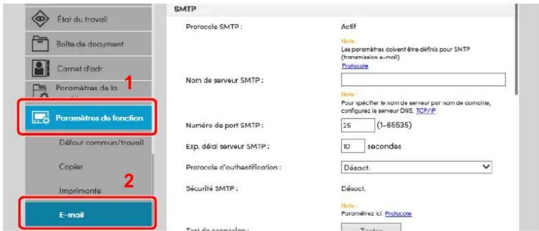 État du travail Boîte de document Carnet d'adr Paramètres de la Paramètres de fonction Défaut commun/travail Copier Imprimante E-mail SMTP Protocole SMTP : Actif Note : Les paramètres doivent être définis pour SMTP (transmission e-mail) Protocole Nom de serveur SMTP : Note : Pour spécifier le nom de serveur par nom de domaine, configurez le serveur DNS. TCP/P Numéro de port SMTP : 25 (1-65535) Exp. délai serveur SMTP : 10 secondes Protocole d'authentication : Désact. Sécurité SMTP : Désact. Note : Paramètres incl. Protocole Test de connexion : Testes