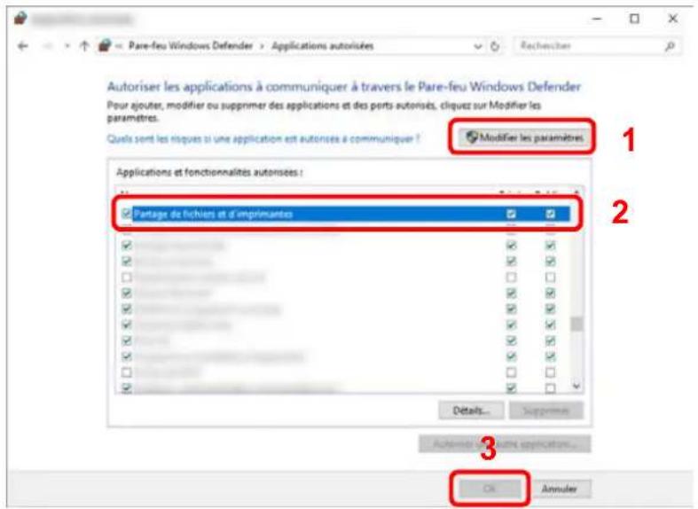Pare-feu Windows Defender > Applications autorisées Autoriser les applications à communiquer à travers le Pare-feu Windows Defender Pour ajouter, modifier ou supprimer des applications et des ports autorisés, cliquez sur Modifier les paramètres. Qués sont les risques si une application est autorises à communiquer ? Modifier les paramètres Applications et fonctionnalités autorisées : Partage de fichiers et d'imprimantes Details... Suppliers Automer : 2 outre applications... OK Annuler