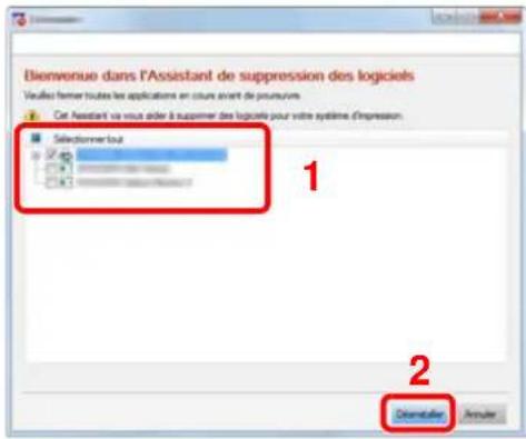 Bienvenue dans l'Assistant de suppression des logiciels Visua les former toutes les applications en cours avant de poursuivre. Car assistant va vous aider à supmer des logiciels pour votre système d'impression. 1 2 Chamballe Annule