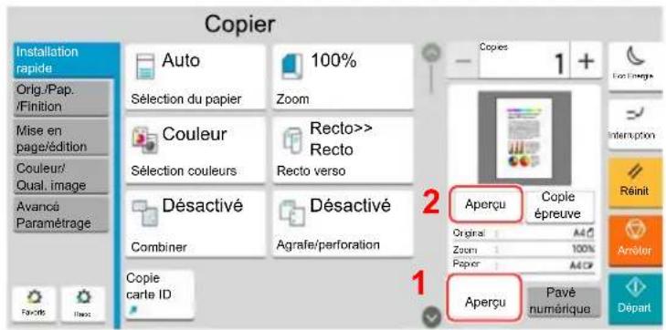 Copier Installation rapide Orig./Pap. /Finition Mise en page/édition Couleur/ Qual. image Avancé Paramétrage Auto Sélection du papier 100% Zoom Couleur Sélection couleurs Recto>> Recto Désactivé Combiner Désactivé Agrafe/perforation Copie carte ID Copies 1 + 1 2 Aperçu Copie épreuve Original: A40 Zoom: 100% Paper: A40K 1 Aperçu Pavé numérique Départ