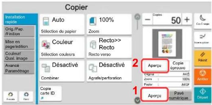 Copier Installation rapide Orig./Pap. /Inition Mise en page/édition Couleur/ Qual. image Avancé Paramétrage Auto 100% Sélection du papier Zoom Couleur Sélection couleurs Recto>> Recto Désactivé Désactivé Combiner Agrafe/perforation Copie carte ID Copies 50 + Cus Compes 2 Aperçu Copie éprouve Original 400 Zoom 100% Papier 400 Aperçu Pavé numérique 1 Rèmit Amblér Départ