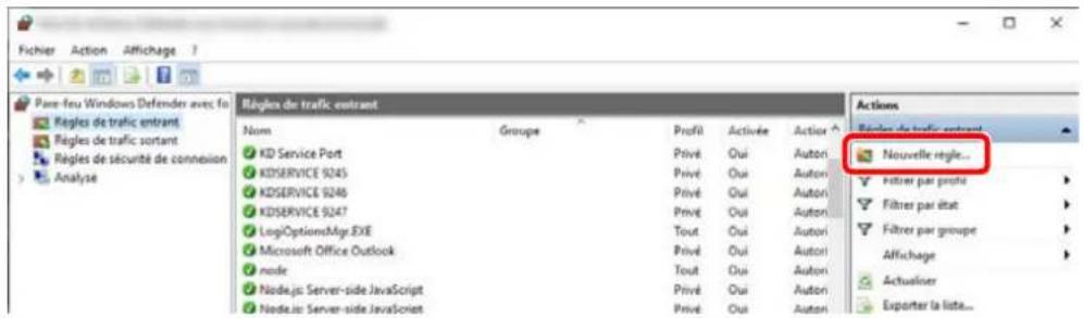 Pare feu Windows Defender avec fis Règles de trafic entrant Règles de trafic sortant Règles de sécurité de connexion Analyse Règles de trafic entrant Nom Groupe Profit Activée Action KD Service Port Privé Oui Autori KDSERVICE 9245 Privé Oui Autori KDSERVICE 9246 Privé Oui Autori KDSERVICE 9247 Privé Oui Autori LogOptionsMyr.EXE Tout Oui Autori Microsoft Office Outlook Privé Oui Autori node Tout Oui Autori Node.js Server-side JavaScript Privé Oui Autori Node.js Server-side JavaScript Privé Oui Autori Actions Règles de trafic entrant Neuwelle règle... Filtrer par profi Filtrer par état Filtrer par groupe Affichage Actualiser Exporter la liste...