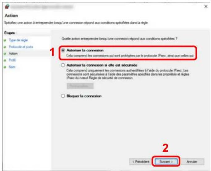 Action Spéficez une action à entreprendre lorsqu'une connexion répond aux conditions spécifiées dans la règle. Etapes: Type de règle Protocole et ports Action Prol Nom Quelle action entreprendre lorsqu'une connexion répond aux conditions spécifiées ? 1 Autoriser la connexion Cela comprend les connions qui sont protégères par le protocole IPsec, ainsi que celles qui 2 Autoriser la connexion si elle est sécurisée Cela comprend uniquement les connions authentifiées à l'aide du protocole IPsec. Les connions sont sécurisées à l'aide des paramètres spécifiés dans les propriétés et règles IPsec du naout Règle de sécurité de connexion. Presciences Bloquer la connexion < Précédant > Suvaet > Annuler 2