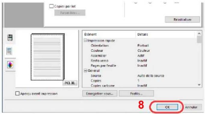 Copies par lot Paramètres... Remitualiser Elément Détalis Impression rapide Orientation Portrait Couleur Couleur Assembler Activ Rento verso Inactif Pages par feuille Inactif Général Source Auto de la source Copies 1 Copies carbone Inactif Aperçu avant impression Enregistrer sous... Profils... 8 OK Antrulier