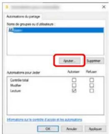 Automations du partage Noms de groupes ou d'utilisateurs : A1 Automer... Supprimer Automations pour Jardier Automier Refuser Contrôle total Modifier Lecture Informations sur le contrôle d'accès et les automations OK Revuler Appliquer