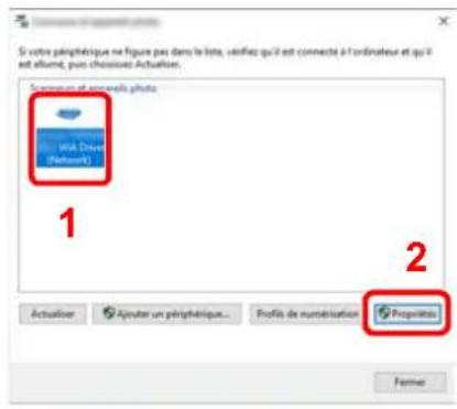 Si votre périphétique ne figure pas dans la liste, vérifies qu'il est connecté à l'ordinateur et qu'il est alloué, puis chossées Actualiser. Système et convelle photo View Course (Network) 1 2 Actualiser Ajuster un périphétique... Profil de numétrication Propriété Forme
