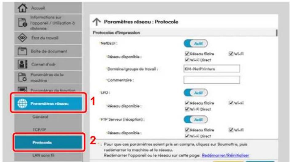 Accueil Informations sur l'appareil / Utilisation à distance État du travail Boîte de document Carnet d'adr Paramètres de la machine Paramètres de fonction Paramètres réseau Général TCP/IP Protocole LAN sans fil Paramètres réseau : Protocole Protocoles d'impression NetDEUI : Actil Réseau disponible : Réseau filaire wi-Fi wi-Fi Direct Domaine/groups de travail : KM-NetPrinters Commentaire : LPO : Actil Réseau disponible : Réseau filaire wi-Fi wi-Fi Direct FTP Serveur (réception) : Actil Réseau disponible : Réseau filaire wi-Fi wi-Fi Direct Pour que ces paramètres soient pris en compte, cliquez sur Soumettre, puis redémarrer la machine et le réseau. Redémarrer l'appareil ou le réseau sur cette page: Redémarrer/Reinitialiser