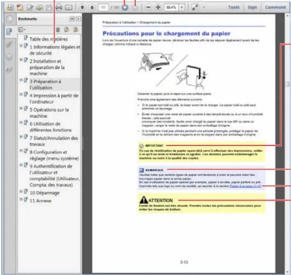 Table des m'atières 1 Informations légales et de sécurité 2 Installation et préparation de la machine 3 Préparation à l'utilisation 4 Impression à partir de l'ordinateur 5 Opérations sur la machine 6 Utilisation de différentes fonctions 7 Statut/Annulation des travaux 8 Configuration et réglage (menu système) 9 Authentication de l'utilisateur et comptabilité (Utilisateur, Compta, des travaux) 10 Dépannage 11 Annexe Précautions pour le chargement du papier Lors de l'ouverture d'une ramette de papier neuve, déramer les feuilles afin de les séparer légèrement avant de les charger, comme indiqué ci-dessous. Déramer le papier, puis la taper sur une surface plane. Prende note également des éléments suivants. • Si le papier est tuilé ou plié, le risser avant de le charger. Le papier tuilé ou plié peut entraîner un boumage. • Ester d'exposer une crème de papier ouverle à des températures ou à un taux d'humidité élevés , sela pourrait pronovue des projets. Après avoir chargé du papier dans le tuc MIF ou dans un magasin, ranger le reste du papier dans son emballage d'origine. • Si la machine n'est pas utilisée pendant une période prolongée, protéger le papier de l'humidité en le reîtrant des magasins et en le plaçant dans son emballage d'origine. IMPORTANT En cas de réutilisation de papier ayant déjà servi à effectuer des impressions, veiller à ce qu'il ne reste ni trombones ni agrales. Ces derniers peuvent endommager la machine ou noire à la qualité des copies. REMARQUE Veuillez noter que certains types de papier ont tendance à tuller et peuvent mèir des bouvrages papier dans la sortie papier. En cas d'utilisation de papier spécial par exemple, papier à un-àtre, papier perforé ou pré-imprimés tels que logo ou nom de société, se reporter à la section Papier à la case 11-15. ATTENTION l'unite de fixation est très éhaude. Prende toutes les précautions nécessaires pour éviter les risques de brûlure. 3-13