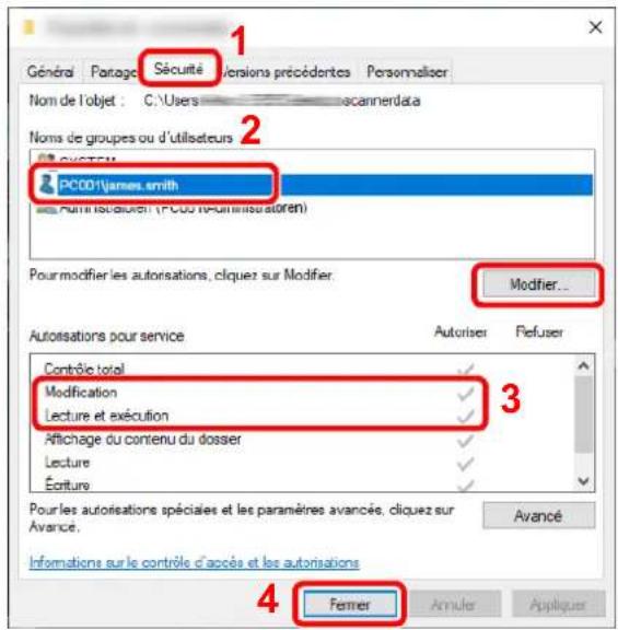Général Portage Sécurité versions précédentes Personnaliser Nom de l'objet : C:\Users\scannerdata Noms de groupes ou d'utilisateurs PC001 James smith Pur modification (PC001 re-administerior) Pour modifier les autorisations, cliquez sur Modifier. Modifier... Autotisations pour service Autoriser Refuser Contrôle total Modification Lecture et exécution Affichage du contenu du dosser Lecture Écriture Avancé Pour les autorisations spéciales et les paramètres avancés, cliquez sur Avancé. Informations sur le contrôle d'accès et les autorisations Femer Annuler Appliquer