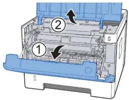 Diagram of a printer internal structure with numbered components and directional arrows indicating assembly or movement.