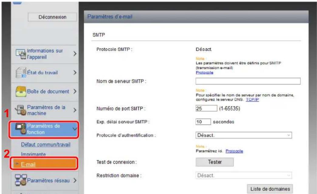 Déconnexion Paramètres d'e-mail SMTP Protocole SMTP : Désact. Note: Les paramètres doivent être définis pour SMTP (transmission e-mail) Protocole Nom de serveur SMTP : Note: Pour spécifier le nom de serveur par nom de domaine, configurez le serveur DNS. TCP/IP Numéro de port SMTP : 25 (1-65535) Exp. délai serveur SMTP : 10 secondes Protocole d'authentication : Désact. Note: Paramétrez ici. Protocole Test de connexion : Tester Restriction domaine : Désact. Liste de domaines 1 Paramètres de fonction 2 Défaut commun/travail Imprimante E-mail