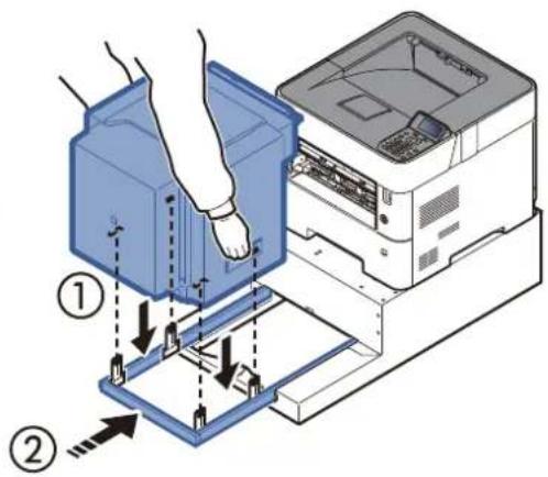 Diagram showing a printer's internal structure with labeled parts and directional arrows indicating assembly or processing steps.