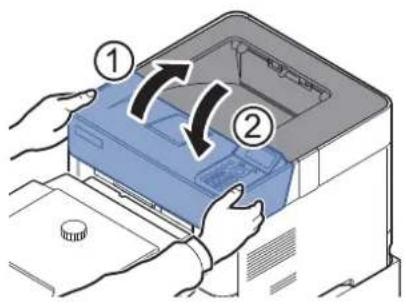 Diagram showing two hands inserting a printer into a paper, with arrows indicating the process of adding to the printer's cover.