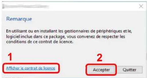 Remarque En utilisant ou en installant les gestionnaires de périphériques et le, logiciel inclue dans ce package, vous convenez de respecter les conditions de ce contrat de licence. 1 Afficher le contrat de licence 2 Accepter Quitter