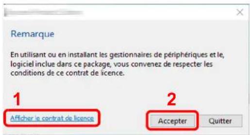 Remarque En utilisant ou en installant les gestionnaires de périphériques et le, logiciel inclue dans ce package, vous convenez de respecter les conditions de ce contrat de licence. 1 Afficher le contrat de licence 2 Accepter Quitter
