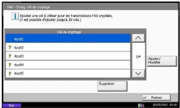 FAX - Enreg, clé de cryptage Ajoutez une clé à utiliser pour les transmissions FAX cryptées. ( il est possible d'ajouter jusqu'à 20 ciés,) Clé de cryptage Kcy01 Key02 Kcy03 Key04 Kcy05 1/4 Ajouter/ Modifier Supprimer Former Ent 02/02/2013 19:18