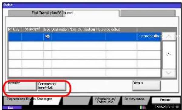 Statut État Travoi planifié Journal N° tray Tos accepté type Destination Rom d'utilisateur l'eurospie début 12:00000 9:3 1/1 Annuler Commencer immédial. Details Impressions Envois Stockages Pérphérique/Commune. Paper/conso. Fermer 02/02/2013 10:10
