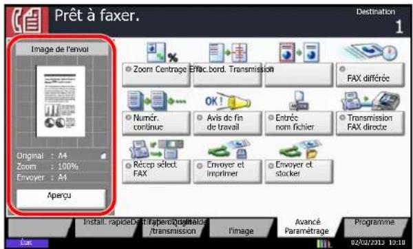 Prêt à faxer. Destination 1 Image de l'envoi Original : A4 Zoom : 100% Envoyer : A4 Aperçu Zoom Centrage Effac. bord. Transmission FAX différée Numér. contône OK! Avis de fin de travail Entrée nom fichier Transmission FAX directe Récep sélect. FAX Envoyer et impaliner Envoyer et stocker Install. rapide De-trapier/ digitalis /transmission Avancé Paramétrage Programme 02/02/2012 10:18