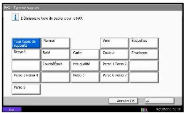 FAX - Type de support DÉFINISsez le type de papier pour le FAX. Tous types de supports Recyclé Normal Retié Carte Véin Étiquettas Couleur Enveloppe CouchéÉpas Hte qualité Perso 1 Perso 2 Perso 3 Perso 4 Perso 5 Perso 6 Perso 7 Perso 8 Annuler OK 02/02/2012 10:10
