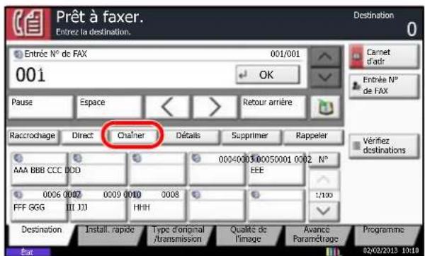 Prêt à faxer. Entrez la destination. Destination 0 Entrée N° de FAX 001/001 OK Pause Espace Retour arrière Raccrochage Direct Chaine Dêtails Supprimer Rappeler AAA BBB CCC DOD 0004000500050001 0002 N° EEE 0006 0007 0009 0010 0008 FFF GGG III JJJ HHH 1/100 Destination Install. rapide Type d'original Transmission Qualité de l'image Avance Paramétrage Programme 02/02/2013 10:10