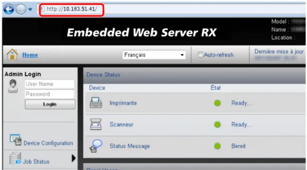 http://10.183.51.41/ Embedded Web Server RX Home Français Auto-refresh Dernière mise à jour Admin Login User Name Password Login Device Status Device État Imprimante Ready... Scanneur Ready... Status Message Bereit Job Status Read Users