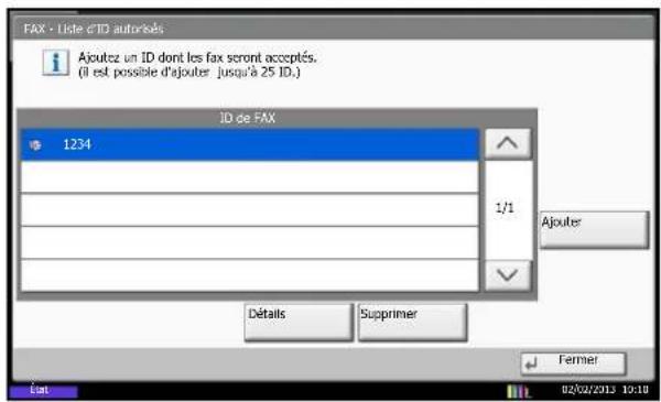FAX - Liste d'ID autorisels Ajoutez un ID dont les fax seront acceptés. (Il est possible d'ajouter jusqu'à 25 ID.) ID de FAX 1234 1/1 Ajouter Détails Supprimer Fermer État 02/02/2013 19:18