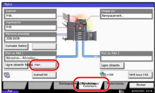 Status Scanner Prét. Imprimante Prét. Mémoire amovible 2GB/16GB Formater Retiner Port du FAX 1 Réception... Réception... Ligne désactiv Récep. man. Port du FAX 2 Ligne désactiv JoumailFAX H-FAX Vérêt nouv FAX Stockages:Enviel@Papietoneur/ Commune. Fipier/conso. Former 02/02/2013 19:18