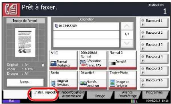 Prêt à faxer. Destination 0123456789 1/1 Original : A4 Zoom : 100% Envoyer : A4 Aperçu Destination Raccourci 1 Raccourci 2 Raccourci 3 Raccourci 4 Raccourci 5 Raccourci 6 Install. rapide Destination / Postcode / Transmission / l'image Avance Paramétrage Programme 02/02/2013 19:10