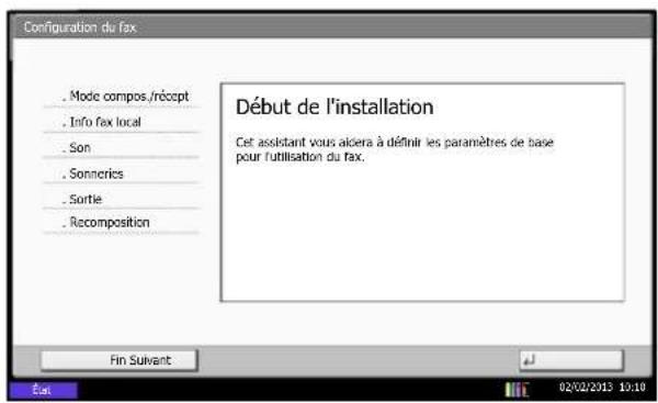 Configuration du fax . Mode compos./récept . Info fax local . Son . Sonneries . Sortie . Recomposition Début de l'installation Cet assistant vous accera à définir les paramètres de base pour l'utilisation du fax. Fin Suivant 02/02/2013 10:10