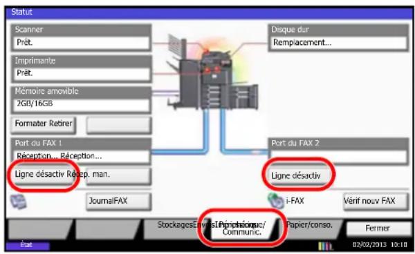 Status Scanner Prét. Imprimente Prét. Mémoire amovible 2GB/16GB Formater Retiner Port ou FAX 1 Réception... Réception... Ligne désactiv Rècep. man... JournalFAX Disque dur Remplacement... Port du FAX 2 Ligne désactiv i-FAX Vérif nouv FAX StockagesEnviel/Papiere/Commune/ Papier/conso. Ferner 02/02/2013 10:18