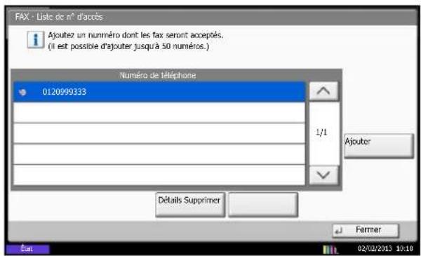 FAX - Liste de n° d'accès Ajoutez un numméro dont les fax seront acceptés, ( il est possible d'ajouter jusqu'à 50 numéros. ) Numéro de téléphone 0120999333 1/1 Ajouter Détails Supprimer Farmer Eas 02/02/2013 10:10