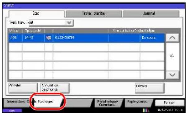 Statut État Travail planifié Journal Type trav. Tout N° trav Tips accepté 438 14:47 0123456789 Name d'Utilisation/Discritance type En cours 1/1 Annuler Annulation de priorité Détails Impressions Etiqui Stuckages Pérphérique/ Communie. Papier/conso. Fermer État 02/02/2012 19:18