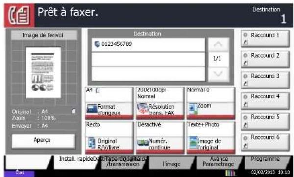 Prêt à faxer. Destination 0123456789 1/1 A4 Format r'origaux 200x100dpi Normal Résolution trans. FAX Zoom Recto Original RV/livre Désactivé Numér. continue Texte+Photo Image de r'original Raccourdi 1 Raccourdi 2 Raccourdi 3 Raccourdi 4 Raccourdi 5 Raccourdi 6 Install. rapideDeftTaper/02mals- Transmission Avance Paramctrage Programme 02/02/2013 10:10