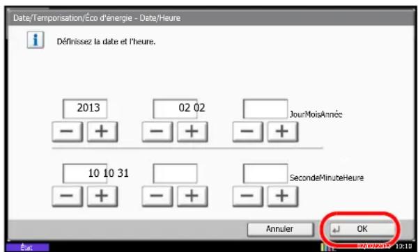 Date/Temporisation/Éco d'énergie - Date/Heure Définissez la date et l'heure. 2013 02 02 JourMoisAnnée 10 10 31 SecondeMinuteHeure Annuler OK 14/02/19 10:10