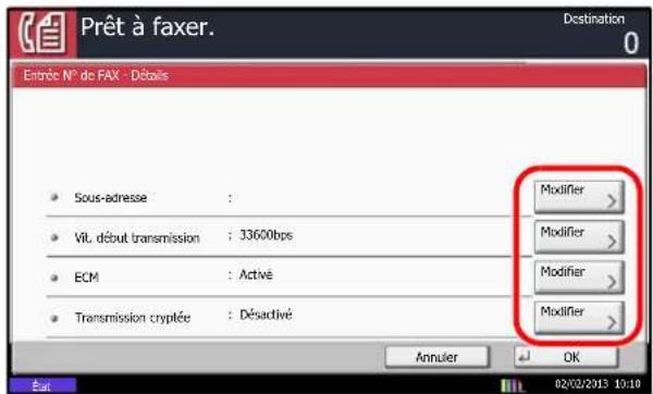 Prêt à faxer. Destination 0 Entrée N° de FAX - Détails Sous-adresse : Vit. début transmission : 33600bps ECM : Activé Transmission cryptée : Désactivé Modifier > Modifier > Modifier > Modifier > Annuler OK Eur 02/02/2015 10:10