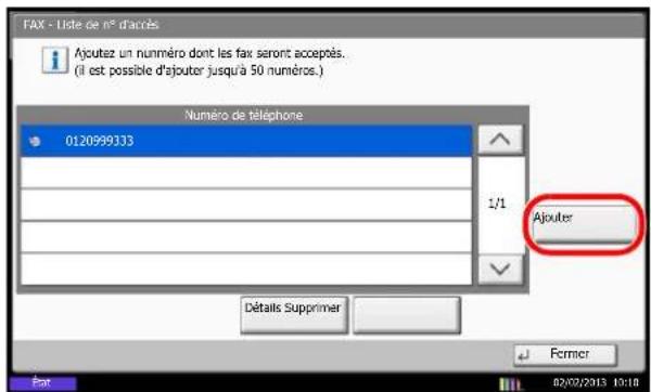 FAX - Liste de n° d'accès Ajoutez un numéro dont les fax seront acceptés. ( il est possible d'ajouter jusqu'à 50 numéros.) Numéro de téléphone 0120999333 Ajouter 1/1 Détails Supprimer Former Far 02/02/2013 10:18