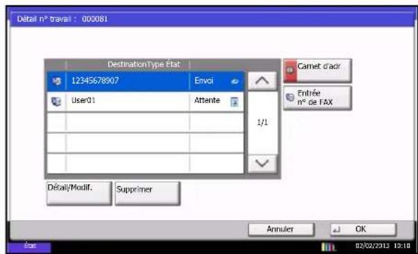 Détail n° travail : 000081 DestinationType Etat 12345678907 Envoi User01 Attente 1/1 Carnet d'adr Entrée n° de FAX Détaill/Modif. Supprimer Annuler OK État 02/02/2013 10:10