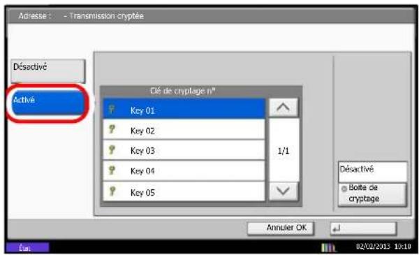 Adresse : - Transmission cryptée Désactivé Activé Clé de cryptage n° Key 01 Key 02 Key 03 Key 04 Key 05 1/1 Désactivé Boite de cryptage Annuler OK 02/02/2012 19:10
