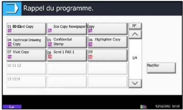 Rappel du programme. 01 02 Card Copy Eco Copy Newspaper Copy 04 Technical Drawing Copy 05 Confidential Stamp 06 Highlighter Copy 07 Vivid Copy 08 Send 1 FAX 1 09 10 11 12 13 1514 N° 1/4 Modifier Cut 02/02/2012 10:10