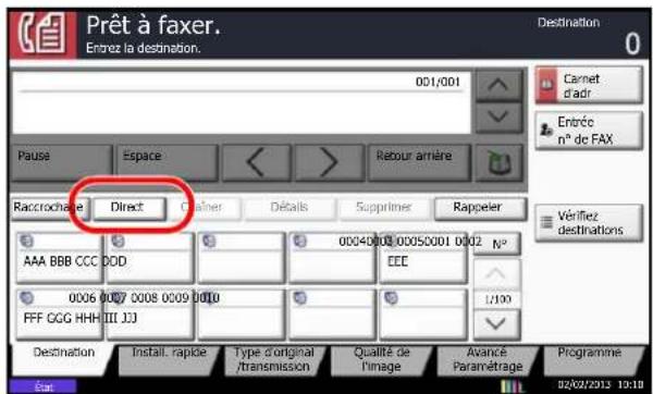 Prêt à faxer. Entrez la destination. Destination 0 Carnet d'adr. Entrée n° de FAX Pause Espace Backour arrière Raccrochase Direct Cliner Détails Supprimer Rappeler Vérifiez destinations AAA BBB CCC DOD 00040000 00050001 0002 N° 0006 0007 0008 0009 0010 EEE FFF GCG HHH III JJJ I/100 Destination Install. rapide Type d'original /transmission Qualité de l'image Avancé Paramétrage Programme 02/02/2013 10:10