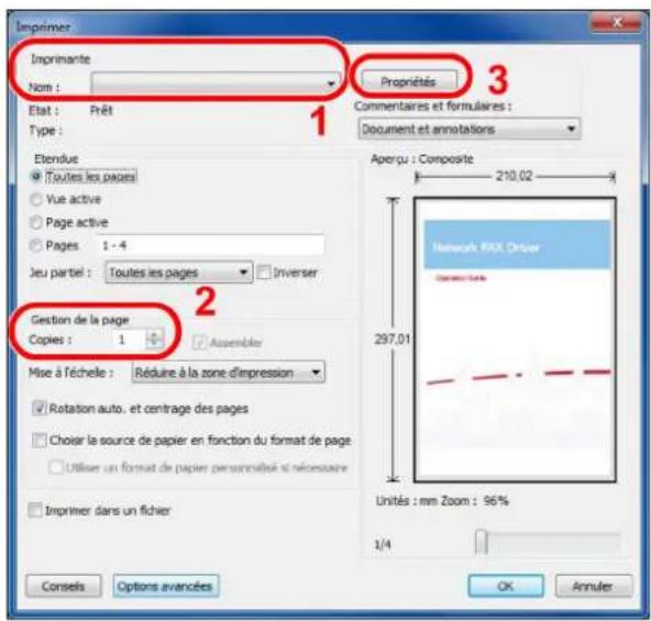 Imprimer Imprimante Nom : Etat : Prêt Type : Etendue Toutes les pages Vue active Page active Pages 1 - 4 Jeu partiel : Toutes les pages ▼ Inverser Gestion de la page Copies : 1 ▼ Assembler Mise à l'échelle : Réduire à la zone d'impression Rotation auto. et centrage des pages Choir le source de papier en fonction du format de page. Utiliser un format de papier personn�bée si nécessaire Imprimer dans un fichier Propriétés Commentaires et formulaires : Document et annotations Aperçu : Composite 210,02 297,01 Unités : mm Zoom : 96% 1/4 OK Annuler