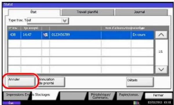 Statut État Travail planifié Journal Type trav. Tout V° liv. Typ accepté 438 14:47 0123456789 En cours Annuler Annulation de priorité Décats Impressions Envois Stockages Périphésique/ Commune. Papier/conso. Fermer Ets 02/02/2013 10:18