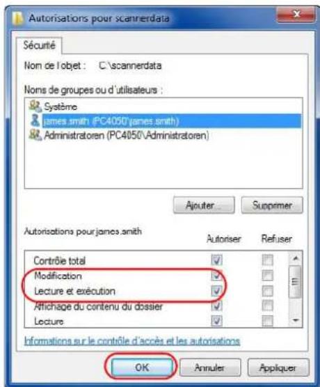Autorisations pour scannerdata Sécurité Nom de l'objet : C\scannerdata Noms de groupes ou d'utilisateurs : Système james.smith (PC4050\james.smith) Administratoren (PC4050\Administratoren) Ajouter Supprimer Autorisations pour james.smith Autoriser Refuser Contrôle total ✓ Modification ✓ Lecture et exécution ✓ Affichage du contenu du dossier ✓ Lecture ✓ Informations sur le contrôle d'accès et les autorisations OK Annuler Appliquer