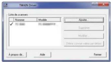 TWAIN Driver Liste de scanners Nummer Modèle ✓ 750000 75000000000 Aïcules... Supérieure... Modérion... Défina cannot vaîtra par défense À propos de... Aide Femer