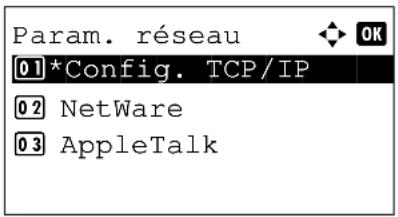 Param. réseau 01*Config. TCP/IP 02 NetWare 03 AppleTalk