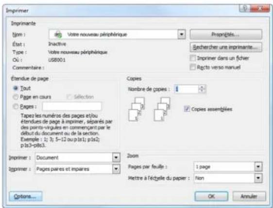 Imprimer Inprimante Nom : de Votre nouveau périphérique État : Inactive Type : Votre nouveau périphérique Où : USB001 Commentaire : Étendue de page Tout Page en cours Selection Pages : Tapez les numéros des pages et/ou étendues de page à imprimer, séparés par des points-veigules en commençant par le début du document ou de la section. Exemple : 1; 3; 5-12 ou p1s1; p1s2; p1s3-0863. Copies Nombre de copies : 1 Copies assemblées Impromer : Document Improper : Pages paires et impaires Zoom Pages par feuille : 1 page Mettre à l'étude du papier : non Options... OK Annuler