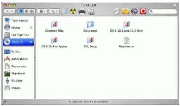 Tiger Laptop Reseau Lap Tiger HD OLU_LIB Bureau Applications Documents Séquences Musique Images Common files Document OS X 10.2 and 10.3 Only OS X 10.4 or higher PDL Setup Readme.txt 6 éléments, Zéro Ko disponibles
