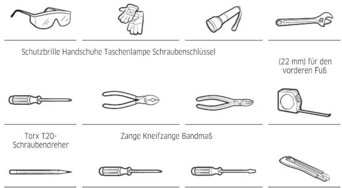 Schutzbrille Handschuhe Taschenlampe Schraubenschlüssel (22 mm) für den vorderen Fuß Torx T20- Schraubendreher Zange Kneifzange Bandmaß
