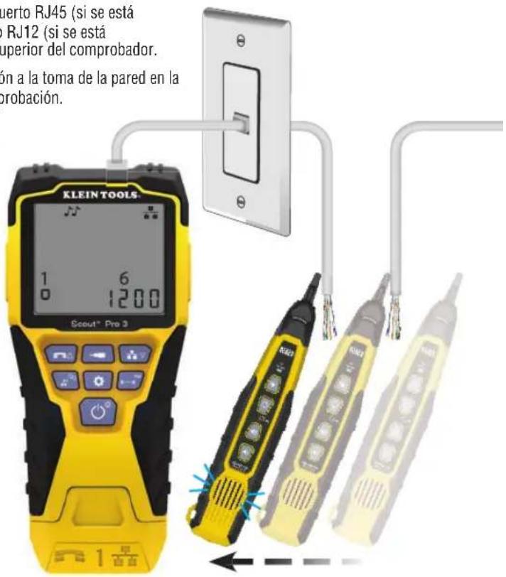 Puerto RJ45 (si se está o RJ12 (si se está uperior del comprobador. ón a la toma de la pared en la probación. KLEIN TOOLS Scout® Pro 3 1 6 0 1200 1 早